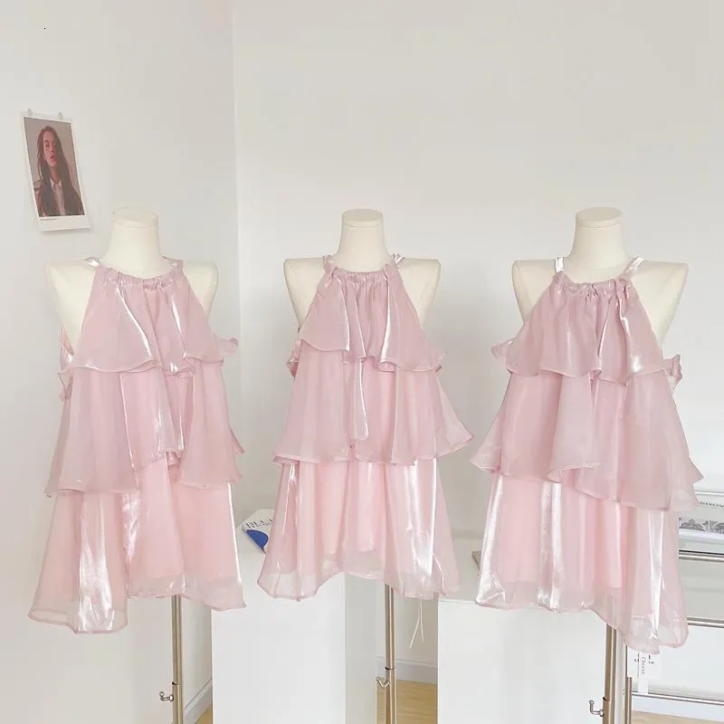 Swobodne sukienki słodkie piękne różowe warstwowe mini dla kobiet letni rękaw na szyję luźna lady streetwear halterneck vestido 230426