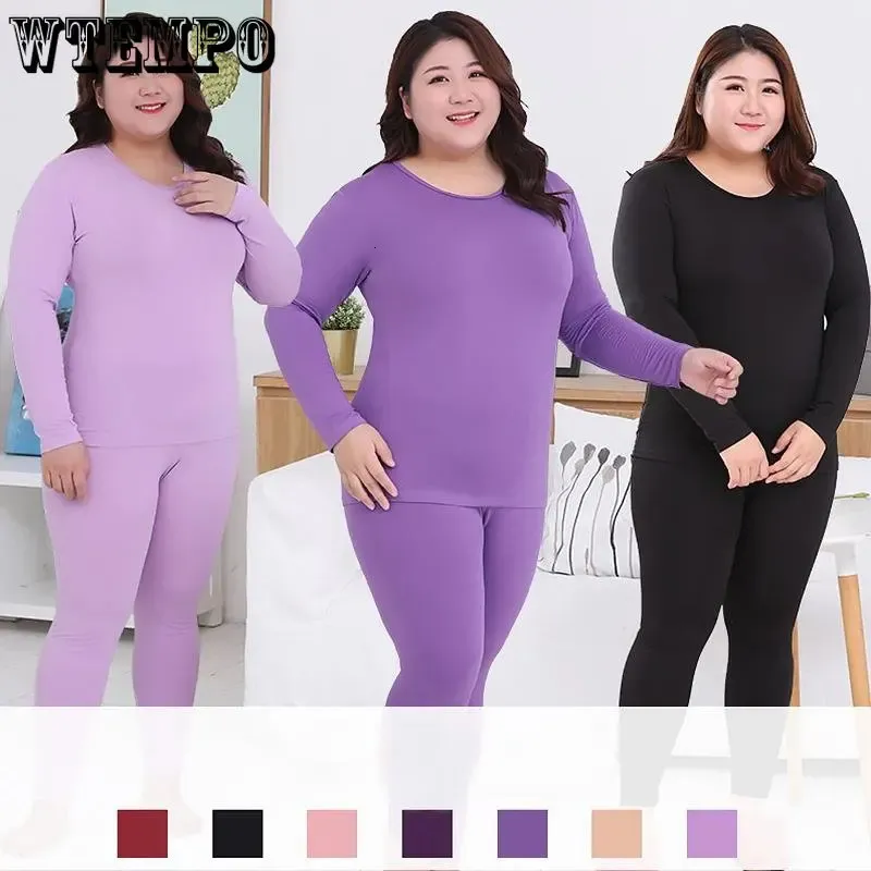 Ropa interior térmica para mujer Tallas grandes Johns largos Traje de ropa interior térmica para mujer 2 piezas Color sólido cálido En forma de cuerpo Conjuntos íntimos para damas delgadas Pijamas femeninos 231127