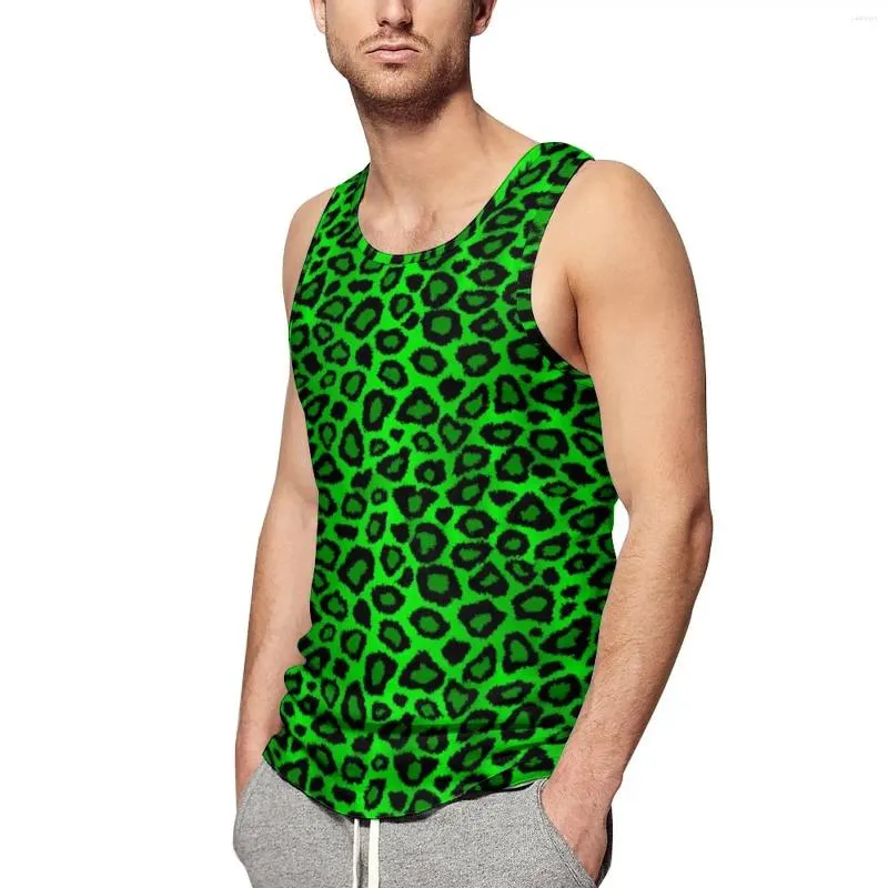 Herren-Tanktops, grünes Leoparden-Oberteil, für den Strand, individuelles Fitnessstudio, Muskel-Oversize, ärmellose Westen