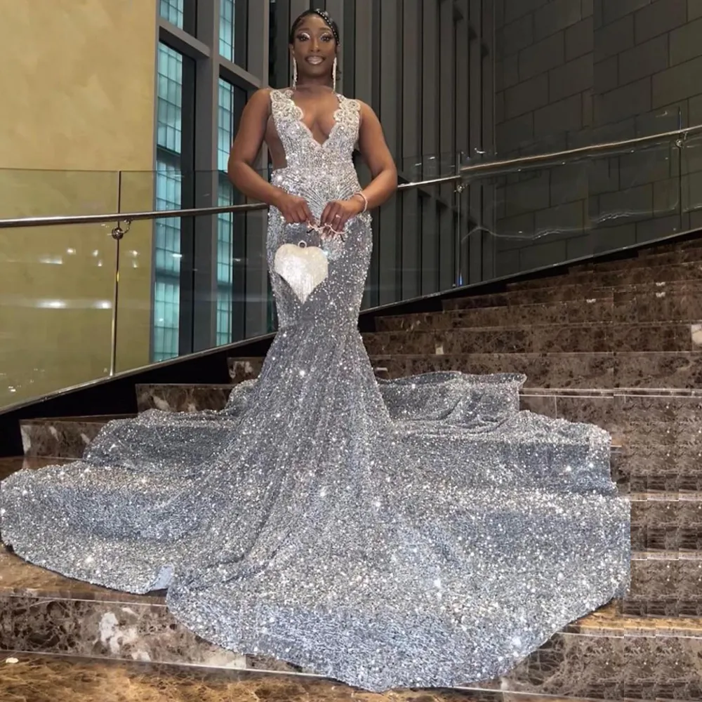 Sparking Sliver Prom Dress Beading African Black Girls.