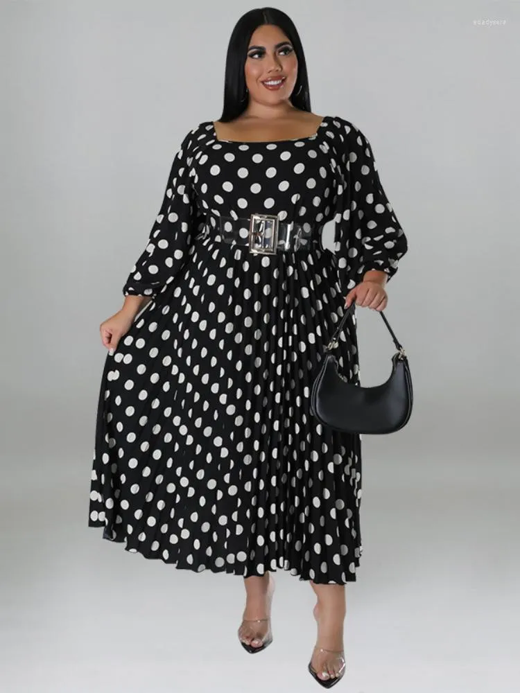 Kleider in Übergröße A-Linie 4XL 5XL Polka Dot Langarm Grün Hohe Taille Plissee Bürodame Abendveranstaltung Midi-Outfits für Frauen