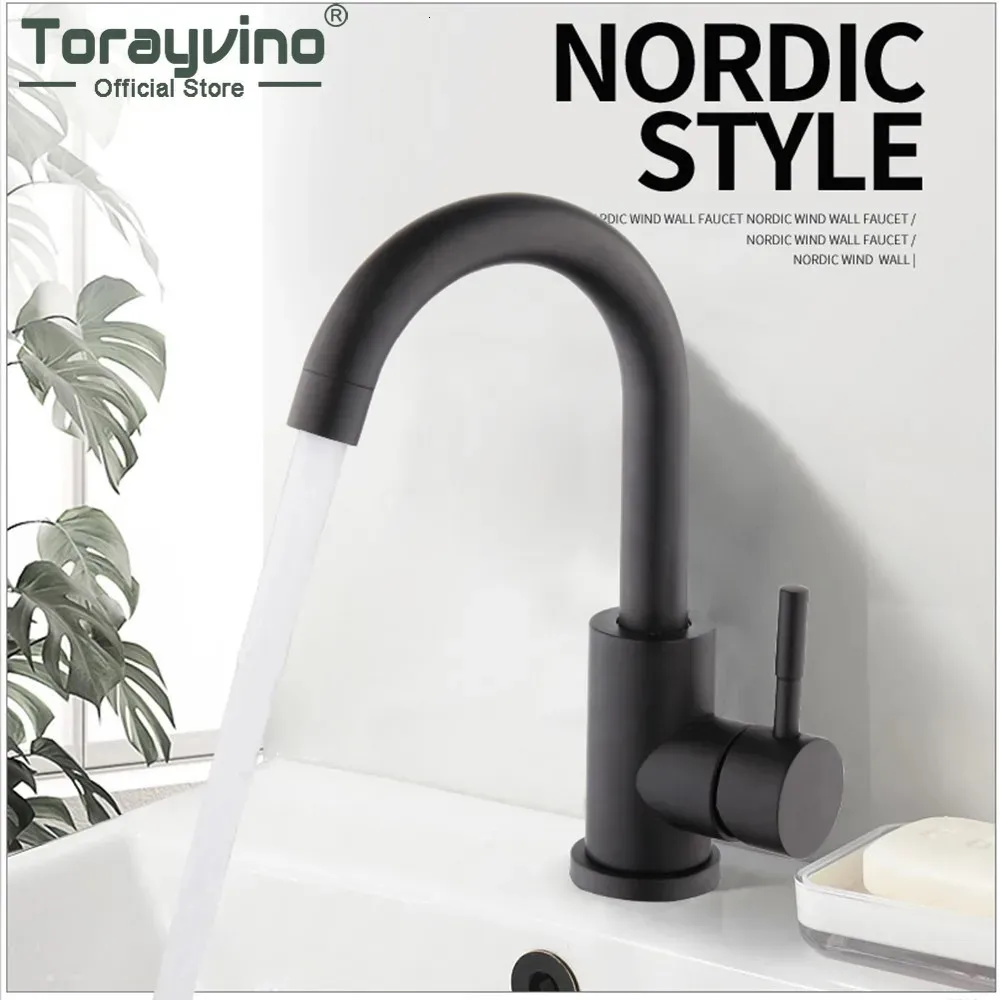 Kitchen Faucets Torayvino Matte Black Modern Basin Sink Deck Mounted Bathroom Faucet Single Lever Handle Stainless Steel And Cold Mixer Tap 231127