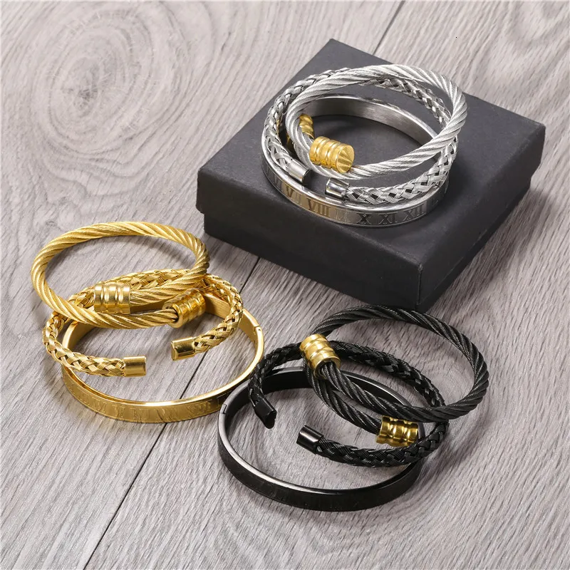 Bracelets porte-bonheur 3pcsset or argent couleur acier inoxydable bracelet tressé chiffre romain bracelet en métal lourd punk foncé pour hommes femmes cadeau 230426