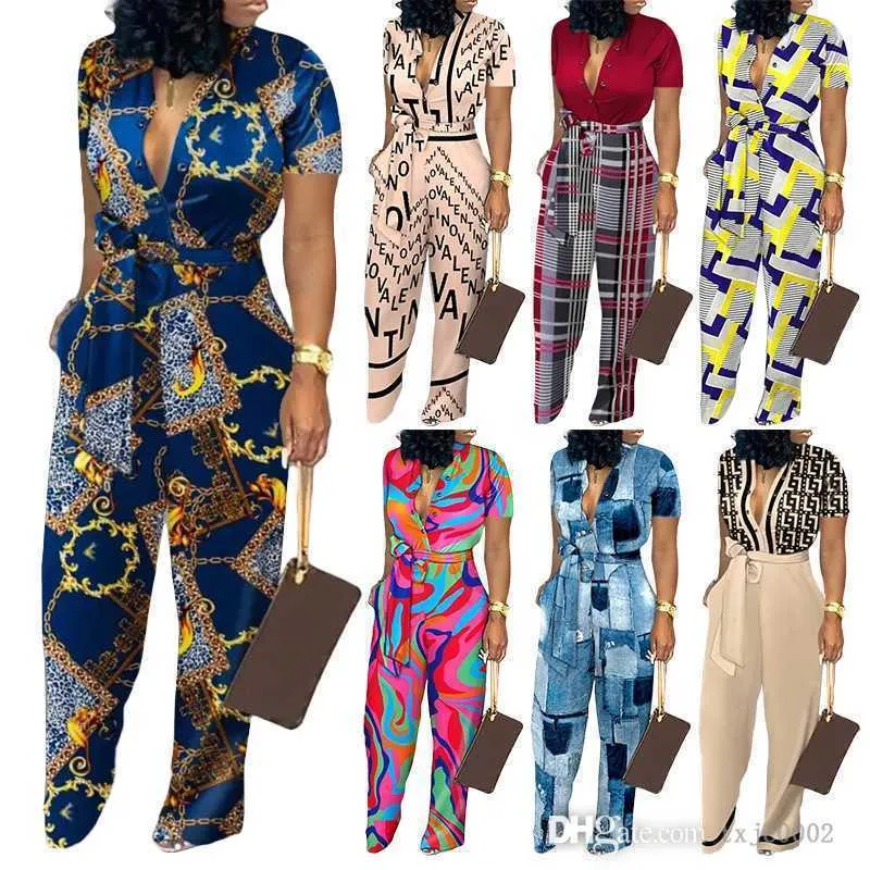 Plus maten Designer Dames Wide Leg Jumpsuits Sexy contrast Kleur Patchwork Mode Gedrukte knop Cardigan Rompers