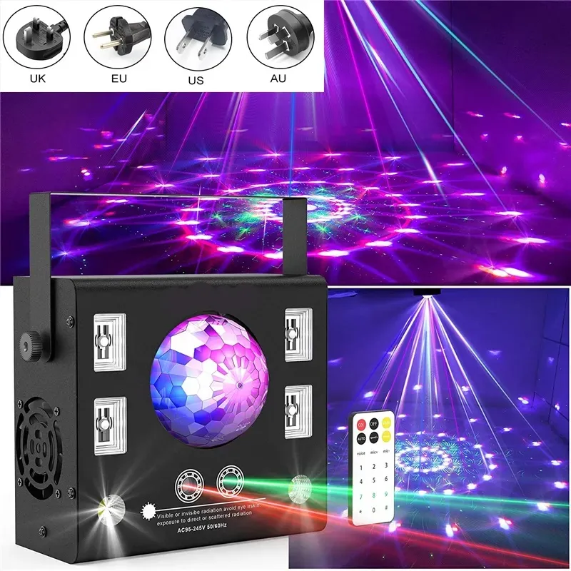 LED -scen Laserbelysning DMX -projektor 4 i 1 strobe Flash Remote Control Magic Crystal Ball UV Effect Beam Spot Xmas Lights DJ Disco Remotes Music