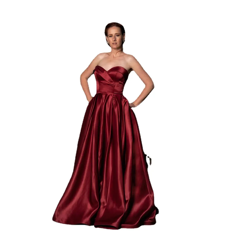 Jeheth Burgundy Satin Satin Satin Dress Women Elegancka ukochana strona rozdzielająca linia wieczorowa suknia imprezowa z kieszeniami