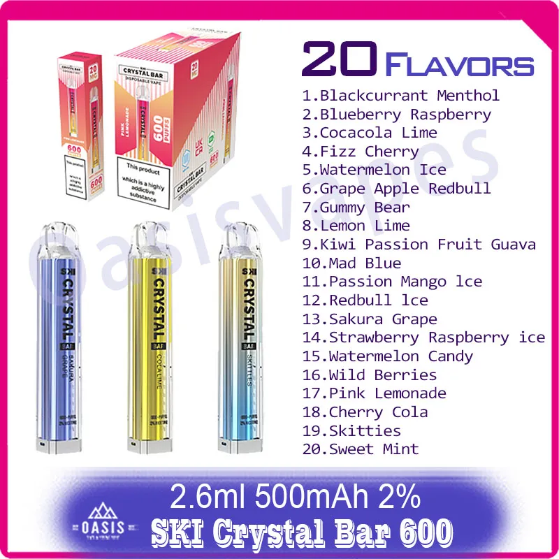 100% Original Crystal Bar 600 Cigarette électronique jetable 500mAh Batterie 20 Saveurs 2% Niveau 2.6ml Pod Mesh Coil Puffs 600 Vapers
