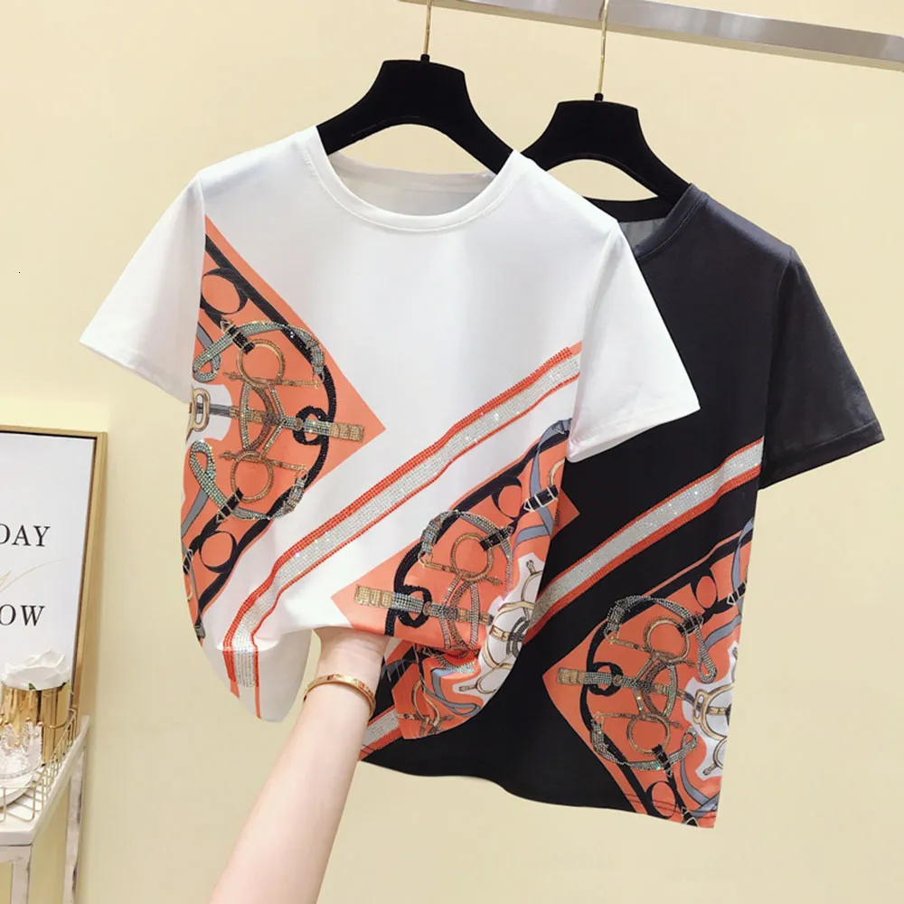 Women's T-Shirt luxury drill Women's T-shirt Print O-neck Tees Fashion Europe station Loose T Shirt Short Sleeve Y2k Cotton Tops 230427