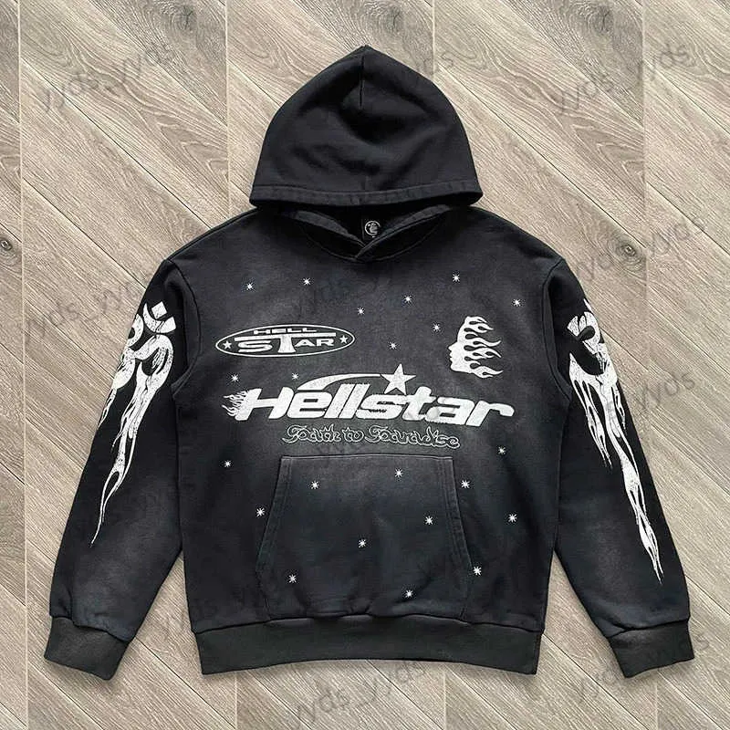 Men's Hoodies Sweatshirts Hellstar Vintage Wash Black Distressed Hoodie High Street Front And Back Printed 1 1 Loose Men's And Women's Sports Hoodie T231127