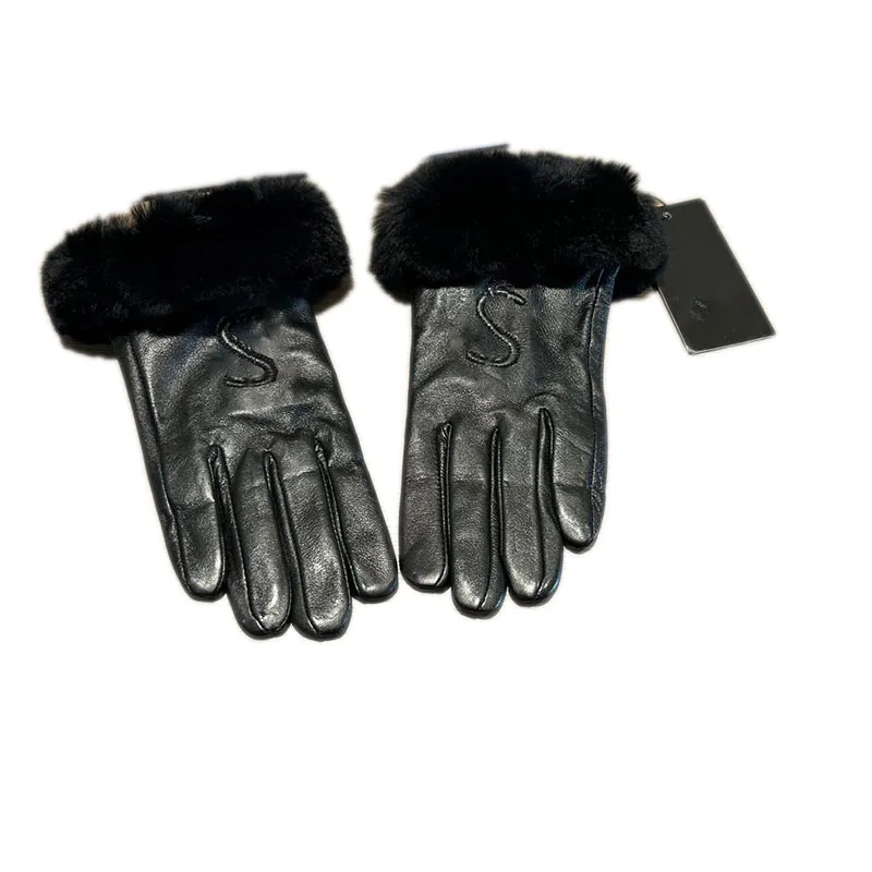 Luxe leren handschoenen voor dames Borduren Letter Zwarte wanten Herfst Winter Designer Bonthandschoenen Outdoor Warme fluwelen handschoen Fietsen Rijden