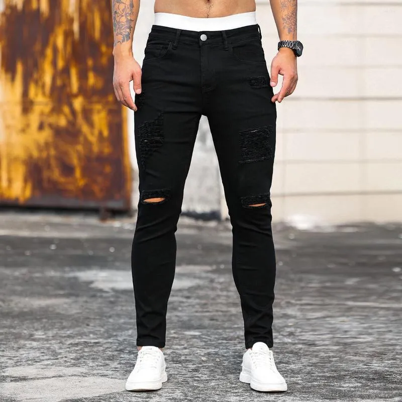 Herren Jeans Mode Schwarz Split Skinny Herren Slim Fit Hip Hop Denim Hosen Straßenkleid Vier Jahreszeiten Lässige Jean Homme Herren