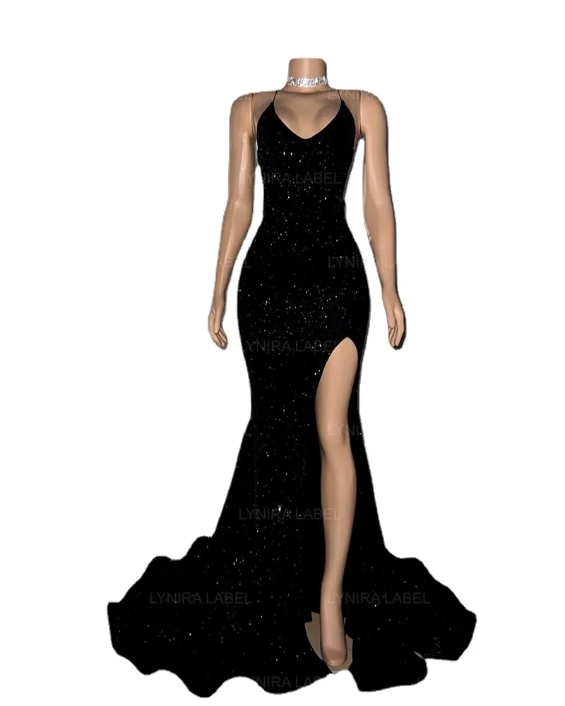 Sexy Black Halter Long Prom Dress Sparkly Birthday Party Jurken Mermaid Evening Jurken High Slit Formal Jurk Robe de Bal