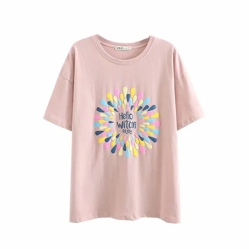 قمم الصيف Tshirt ملابس النساء المحملات 2021 غير رسمية زائد الحجم قمم قصيرة الأكمام o الرقبة طباعة camiseta mujer حلوة D58017