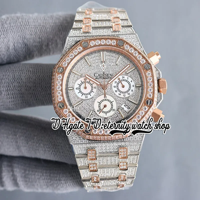 SF sf26473 Japan Miyota Quartz Chronograph Movement Mens Watch Rose Gold Bezel Iced Out Paved Diamond Dial Stick Markers Two Tone Diamonds Bracelet eternity Watches