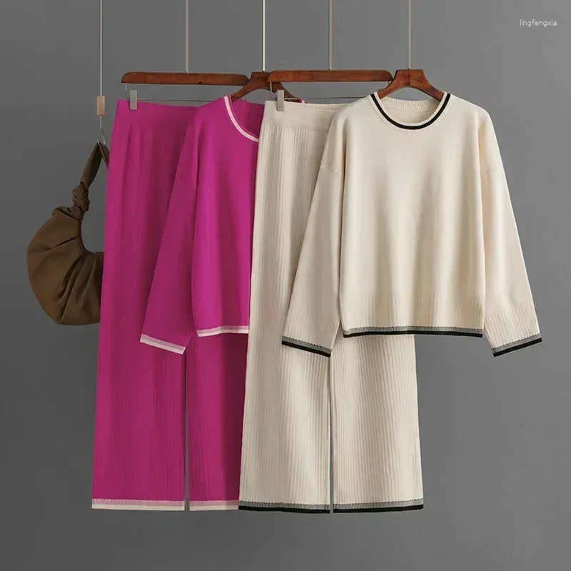 Calças femininas de duas peças casual solto conjunto de malha para outono inverno terno o pescoço manga cheia pulôver cintura elástica 2 conjuntos