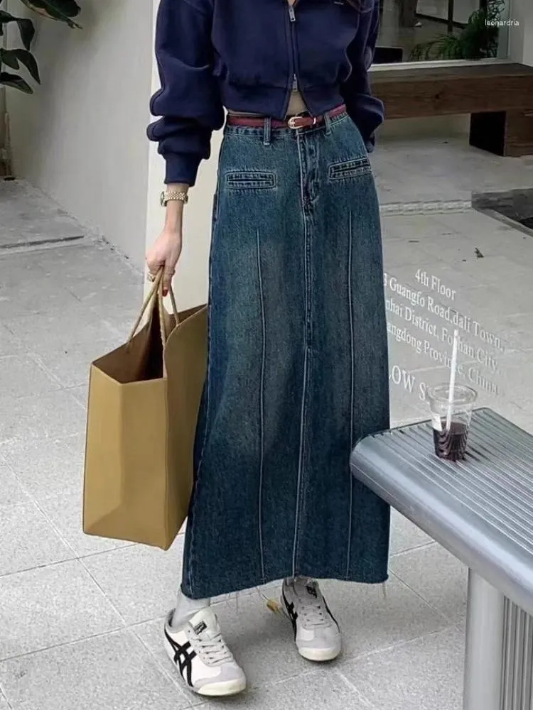 Saias cintura alta a-line denim saia mulheres vintage casual clássico longo verão outono 2023