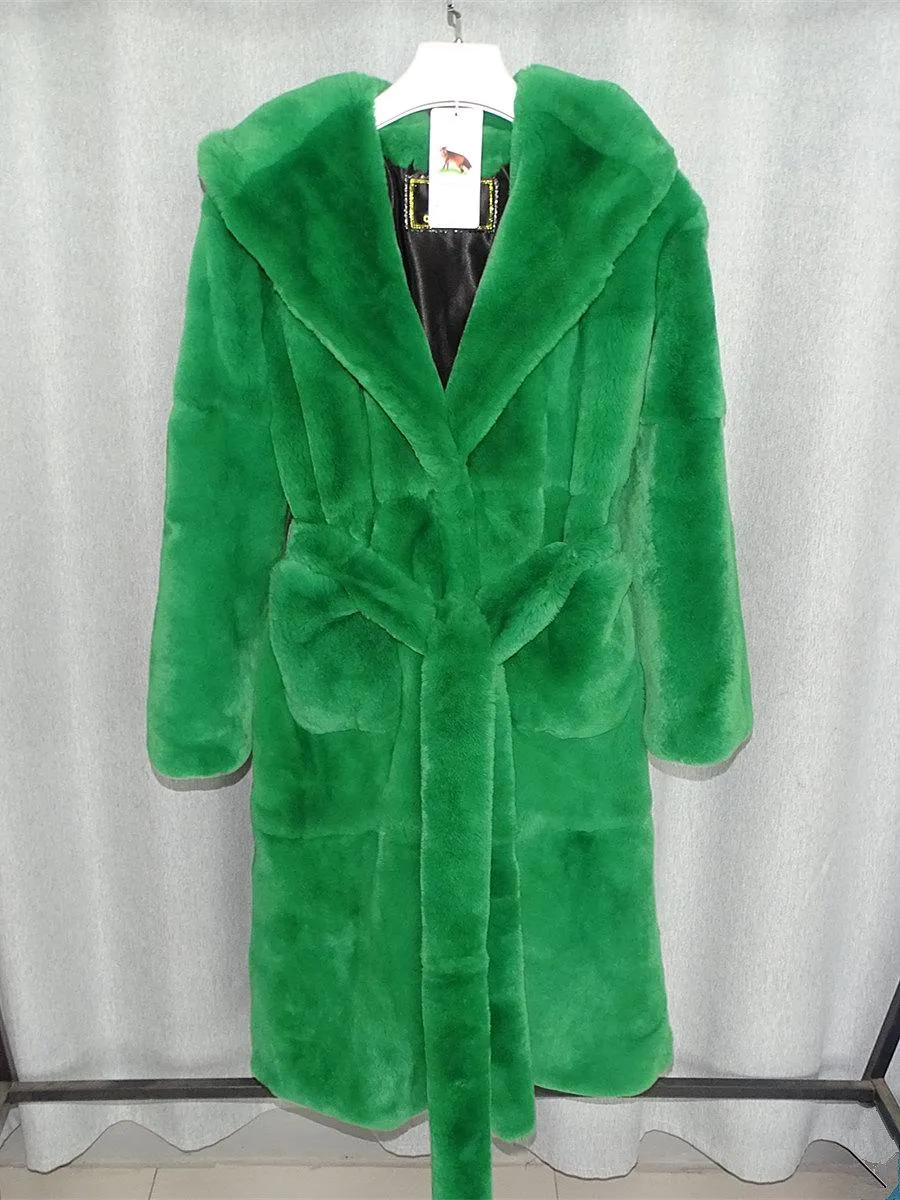 Fourrure 2022 hiver nouveau réel Rex fourrure de lapin manteau d'herbe fourrure naturelle longue vêtements pour femmes vert