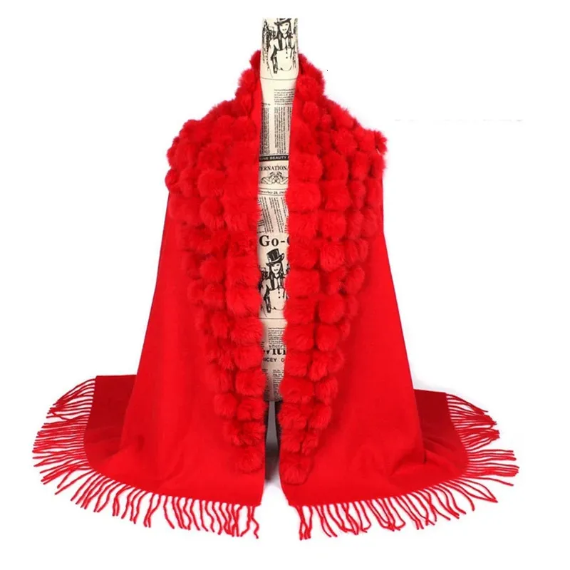 Scarves Luxury Brand Scarf Women Winter Thick Warm Genuine Rabbit Fur Pompom Ball Big Size Shawls And Cape Female Wool Cashmere Pashmina 231127