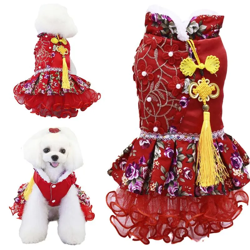 Klänningar husdjurskläder sammet varm hund bröllop klänning kinesisk stil tang kostym för hund vinter sxxl röd husdjur klänning Yorkie corgi teddy kläder