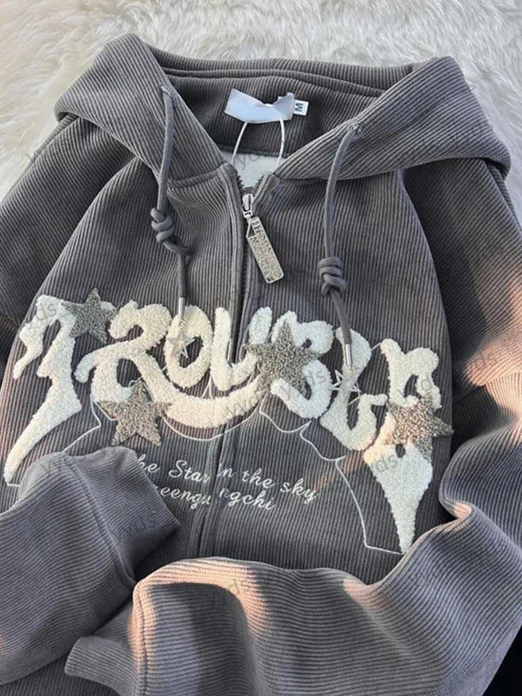 Herrtröjor tröjor hösten kvinnor brev broderi hoodies y2k lösa koreanska överdimensionerade kpop jacka blixtlås retro långärmad gotisk kvinnlig tröjor t231127