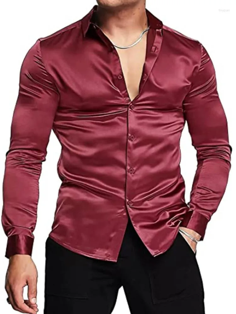 Chemises décontractées pour hommes chemise en Satin de soie brillant luxueux pour hommes à manches longues Slim Muscle boutonné grande taille S-3XL Vetement Homme