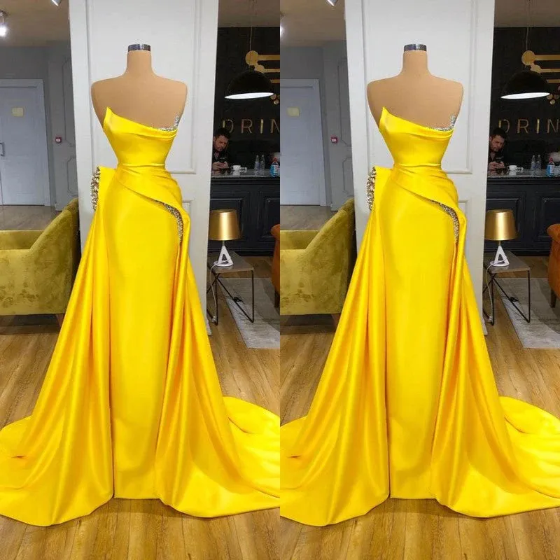 Vestido de fiesta de sirena vintage amarillo Ocasiones especiales Vestidos de noche Apliques de encaje con pliegues Vestidos formales para mujer Robe de Mariage por encargo