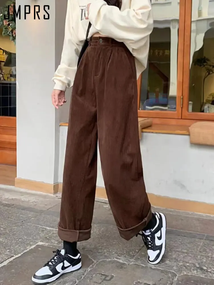 Women's Pants Capris JMPRS High Waist Women Vintage Corduroy Pants Straight Casual Spring Trousers Koran Vintage Coffee Pockets All Match Pants 231124