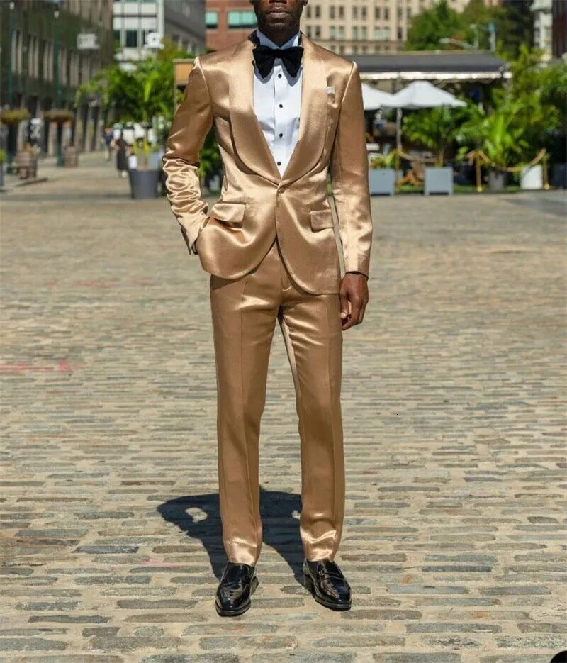 Herenpakken Blazers Gold Silk Satin Men Suits Blazer Pants Bruidegom Prom Party Wedding Tuxedos2 Pieces Codtume Homme Mariage 230427