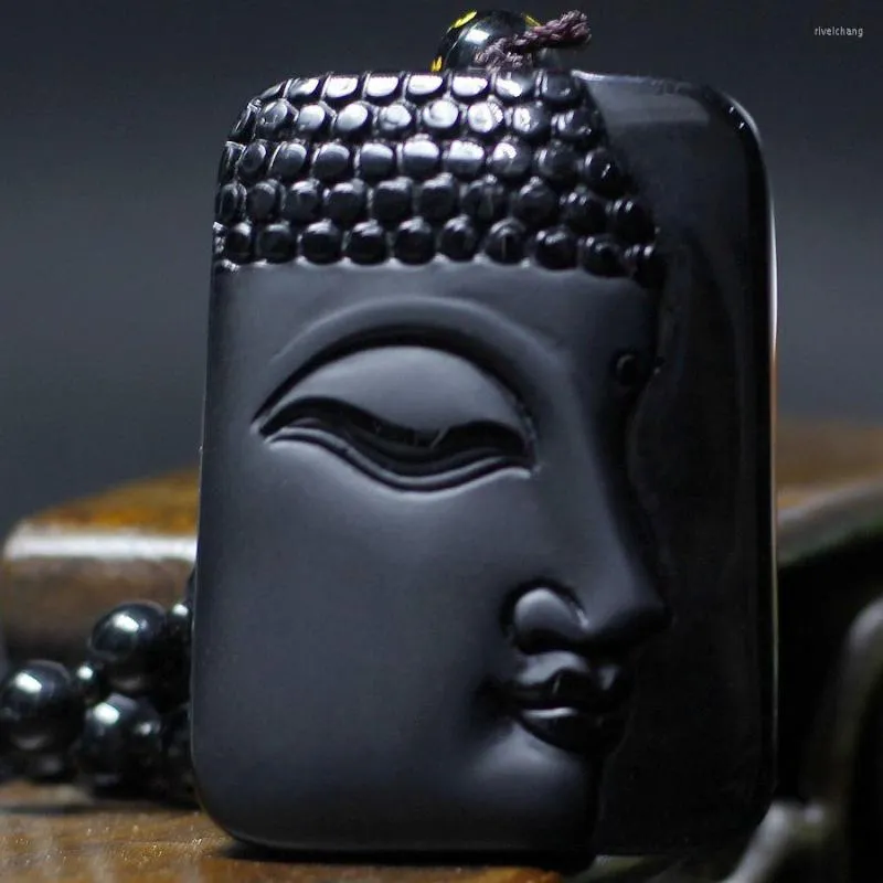 Hänge halsband naturliga svarta obsidian snidade Buddha Lucky Amulet Halsband för kvinnor män pendantsfashion smycken