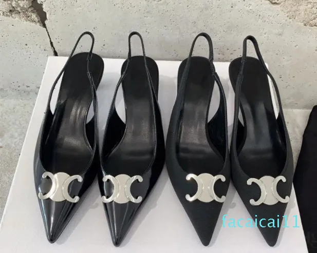 Topkwaliteit Triomphe leer Zijde Puntige tenen slingback Kitten hakken sandalen pumps schoenen naaldhak Jurk schoenen Luxe designer schoenen feest Kantoor