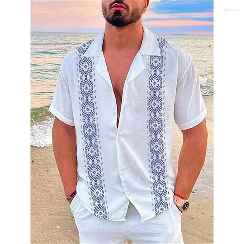 Camisas casuais masculinas camisa de moda havaiana impressão geométrica cuba gola branca manga curta plus size casaco de alta qualidade