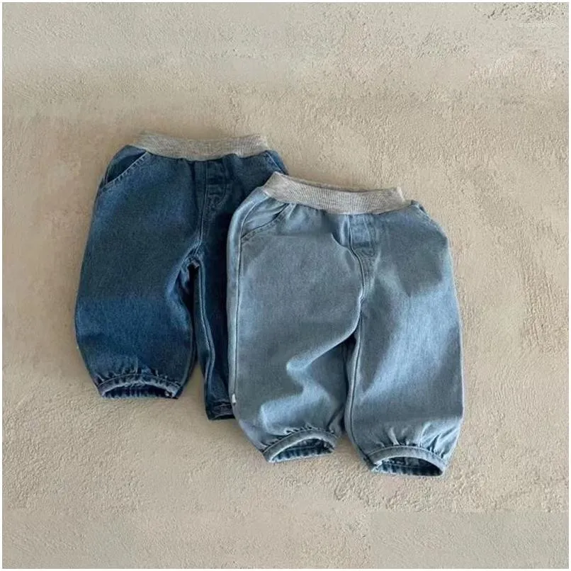 Trousers Korean Baby Jeans Spring Autumn Toddler Boys Girls Pants Solid Color Loose Denim 0-3Y Kids All-Match Casual Drop Delivery Mat Ot2Wr