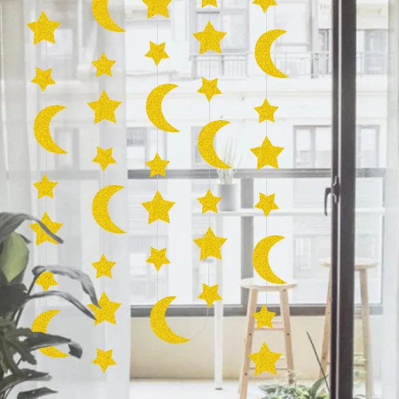 Feestdecoratie Bling Moon Star Banner Met Glitter Decoreren Papieren Slinger Voor Eid Mubarak Ramadan Decoraties Bruiloft Verjaardag Decor