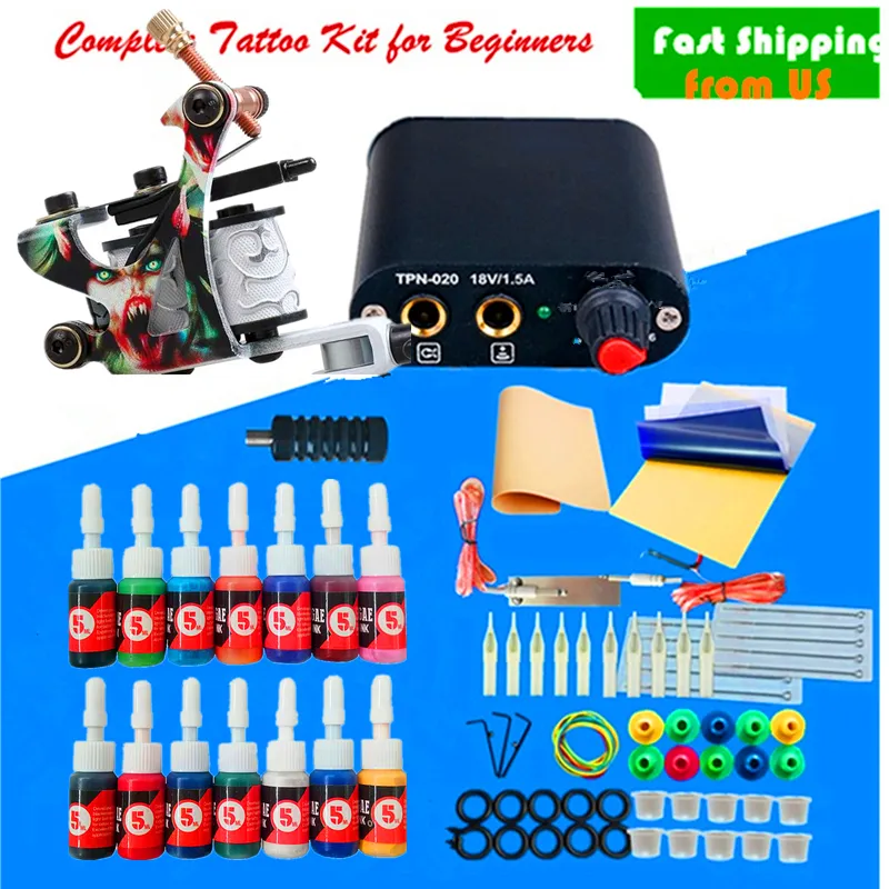 Tattoo Kits Machines Guns Kit Disposable Needles Supplies Power Supply Ink Permanent Makeup Body Art Set