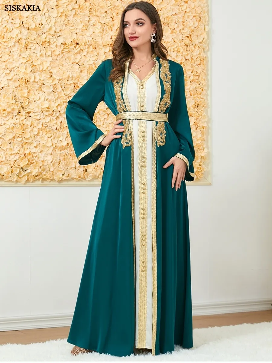 Vêtements Ethniques Mode Musulmane Deux Pièces Jilbab Robe Appliques Hiver Abaya Et Gilet Robe Longue Survêtements Femmes Islamiques Caftan Marocain 230426