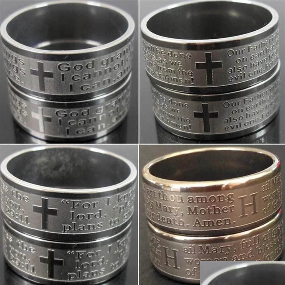 Band Rings Whole 100Pcs Top Mix Relius Engarved Jesus Prayer Stainless Steel Ring Etched Men Relin Faith Church Activity Drop Delive Dhbns