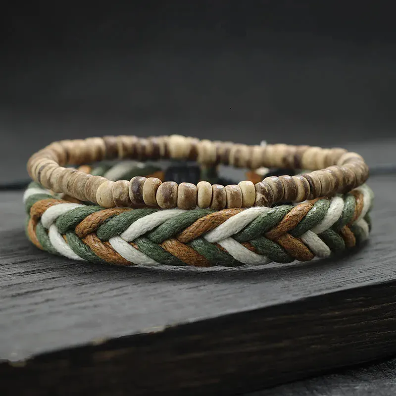 Chaîne 2 pièces ensemble de bracelets pour hommes bracelet en bois naturel tissé à la main en macramé Braslet roche volcanique yeux de tigre pierre perlée Brazalete 231124