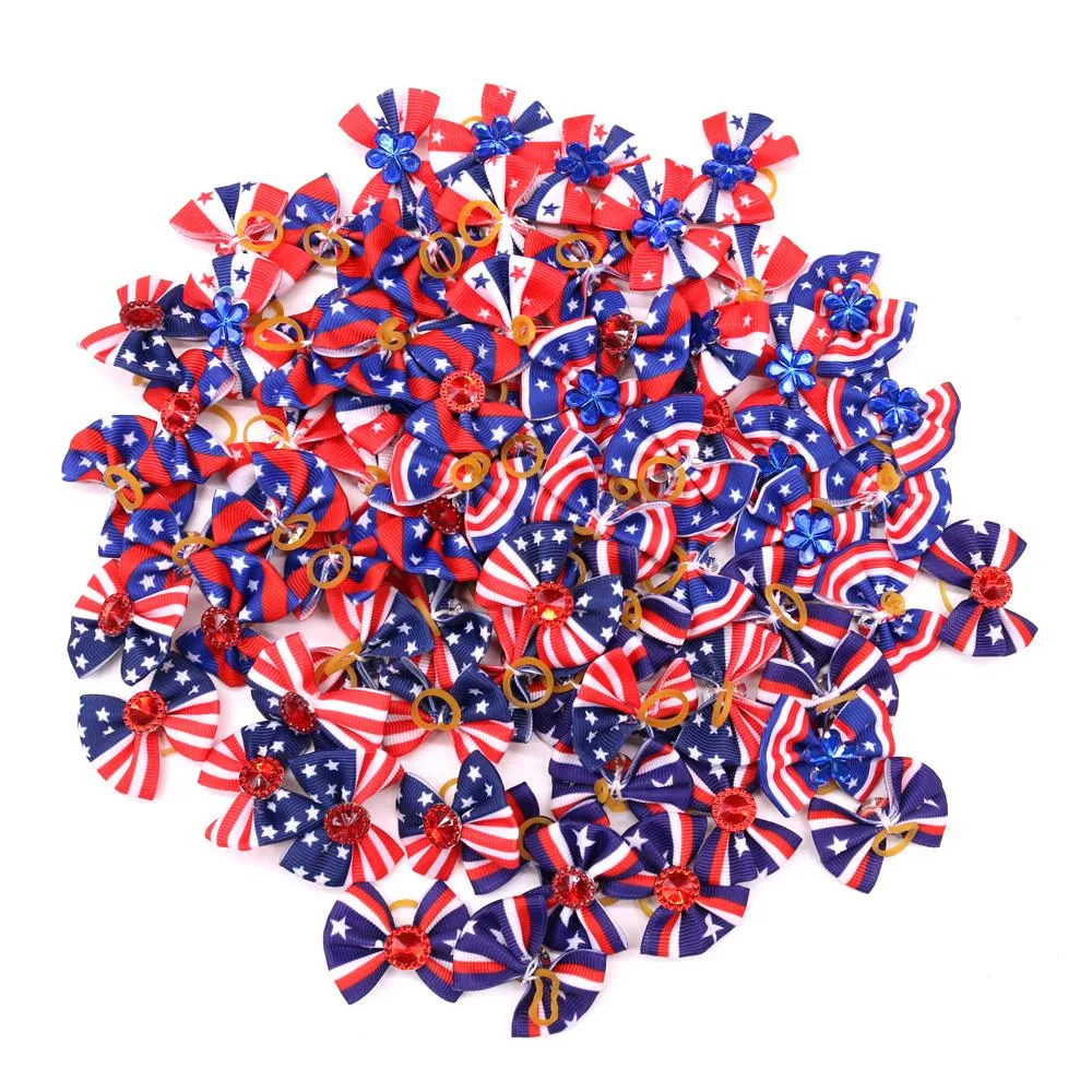 Accessories 60pcs Handmade Pet Puppy Dog Cat Hair Bows for 4th of July with Rhinestone Red White Blue Pet Hair Accessories Pet Supplies