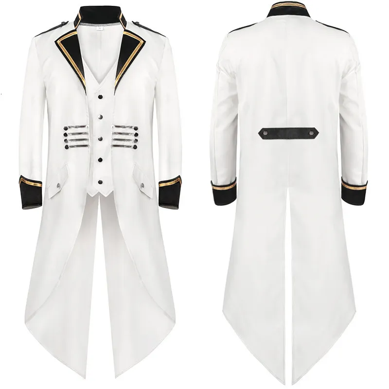 Herenpakken Blazers Retro Slipjas Witte Lange Jas Gothic Steampunk Victoriaans Cosplay Kostuum Geklede Jas Single Breasted Swallow Uniform 230427