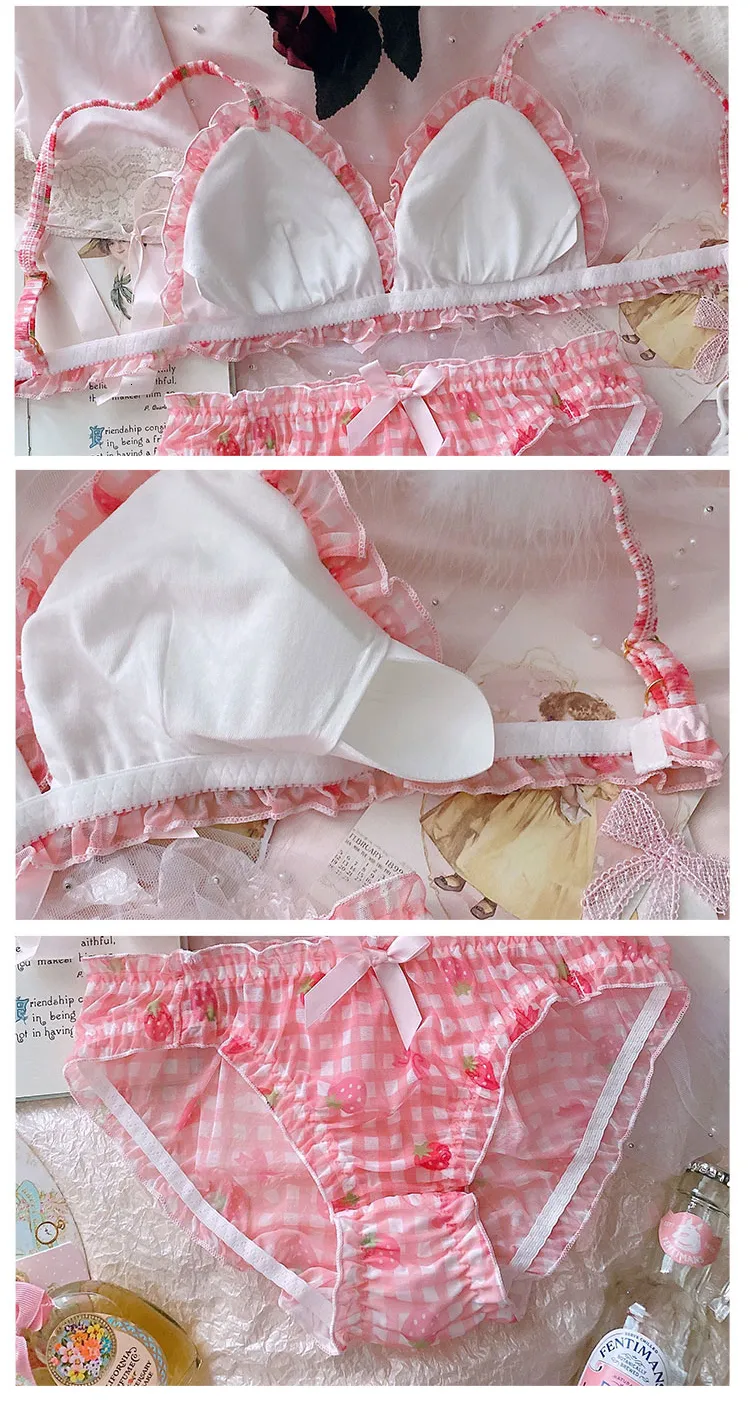 Kawaii Strawberry Plaid Bra And Panty Set Back Soft And Sexy Lolita Lingerie  For Girls Pink, Wirefree From Kong00, $30.2