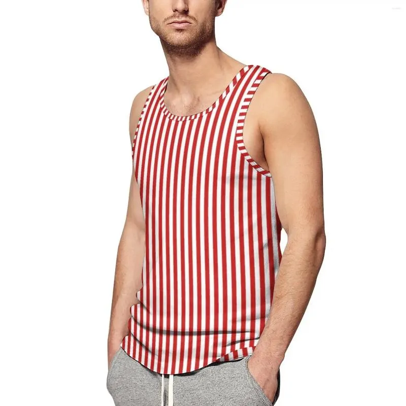 Men's Tank Tops Vertical Red Striped Summer Top White Lines Print Bodybuilding Men Custom Cool Sleeveless Vests 3XL 4XL 5XL