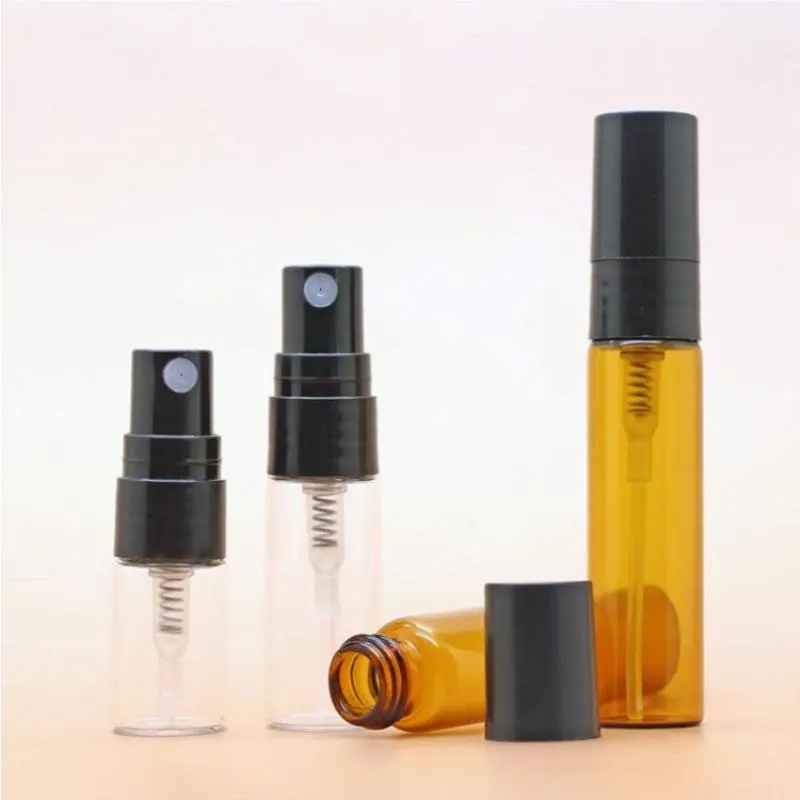 5 ml 3 ml 2 ml påfyllningsbar flaska mini tomt glasflaska spray parfym atomizer flaskor bärnsten klar med svart pump rinei