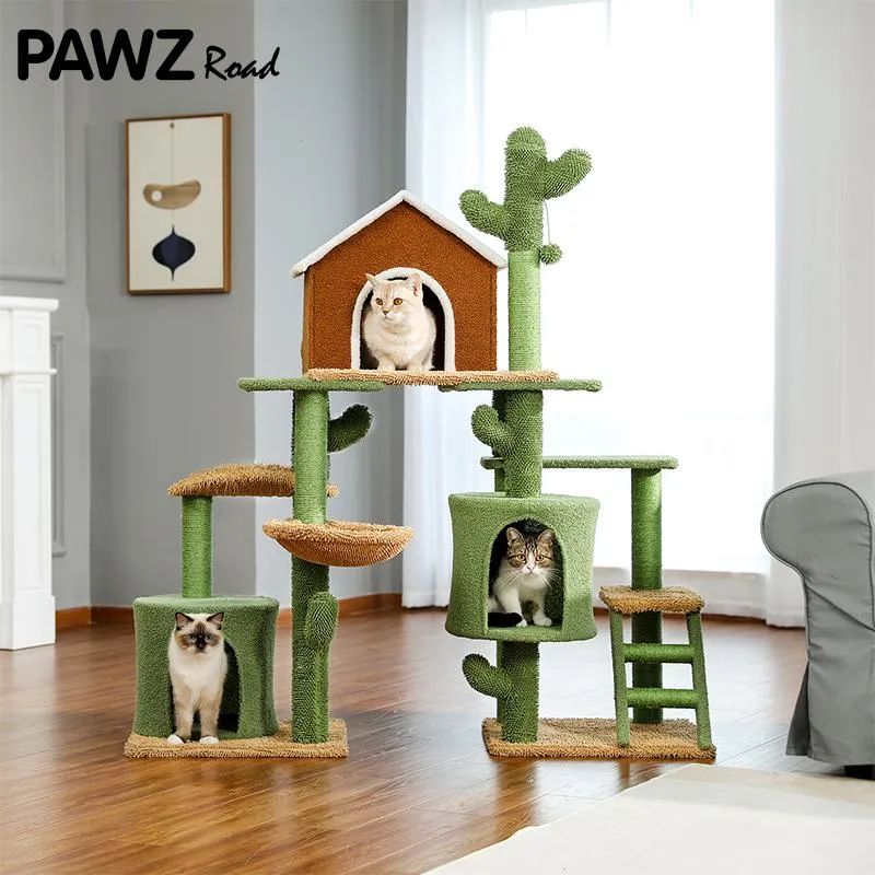 Scratchers Diy Cactus Cat Tree Houses Hummock ملفوف بالكامل خدش برج تسلق الخشب للقطط القفز على حامية أثاث الحيوانات الأليفة