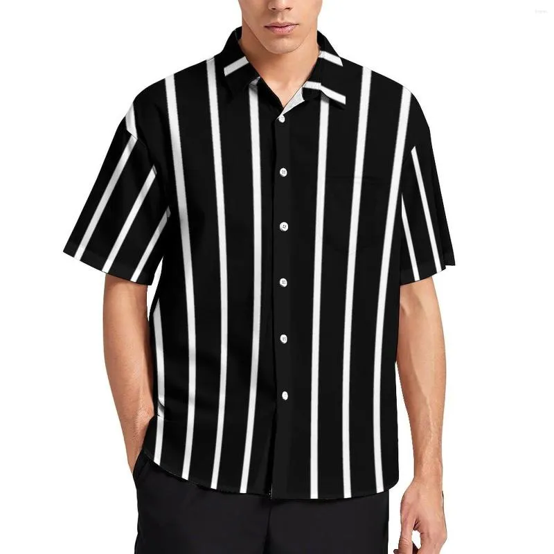 Camisas casuais masculinas listras listradas listradas soltas férias férias linhas preto e branco