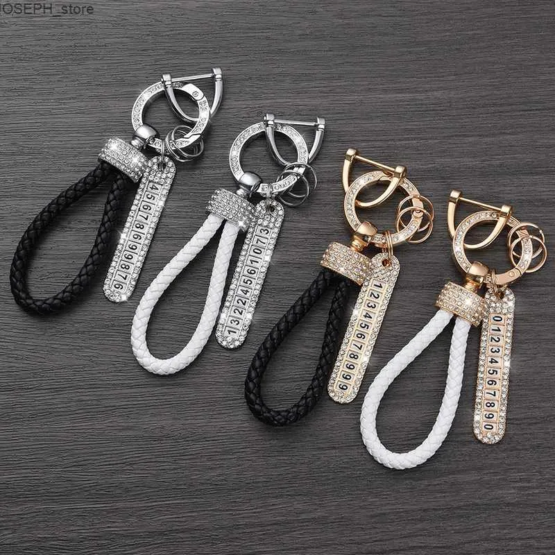 Nyckelringar Crystal Anti-Lost Luxury Leather Keychain Kvinnor Män Buckle Car Key Ring Chain Holder Telefonnummer TAG KEYFOB SMEEDDRY J230427
