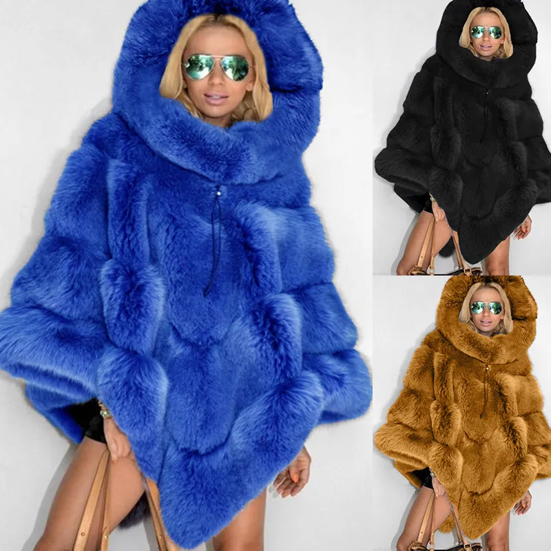 Faux Fur Płaszcz Women Fut Fur Winte Winformed Oversited Long Rleeve Luxury Cape Poncho Overcoat Pullover Jacket Owewear Plus Size 201029