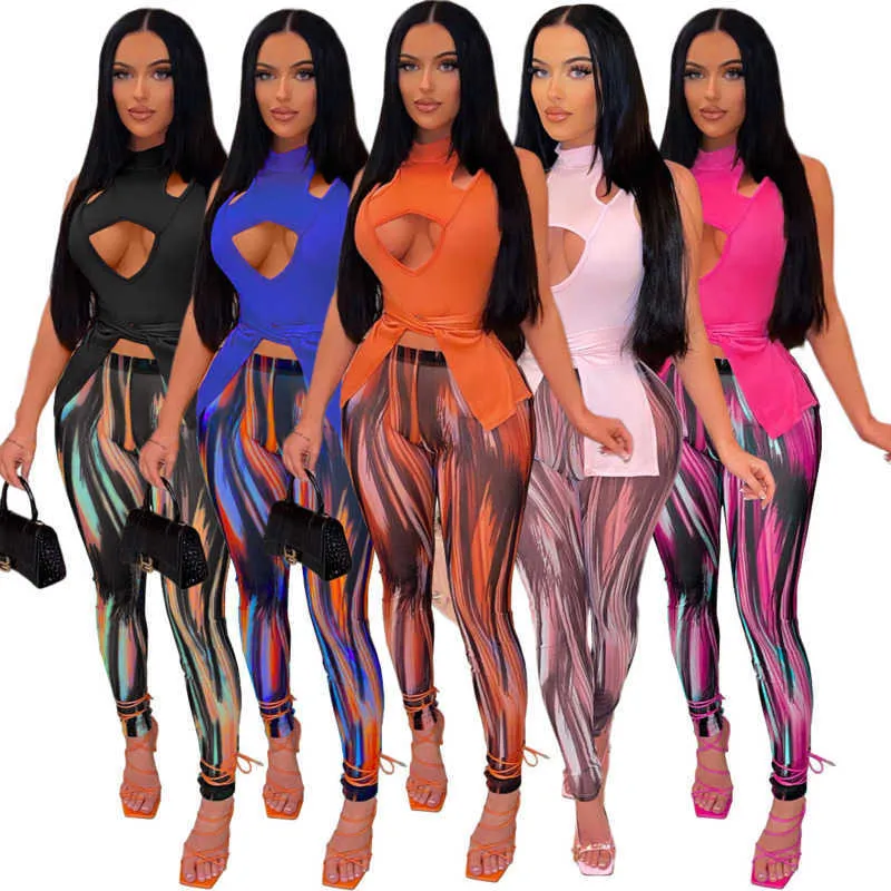 Femmes Vêtements Designer Survêtement Stand Cou Remorquage Pièce Costume Mode Sangle Évidé Gilet Split Imprimer Crayon Pantalon Ensemble Discothèque