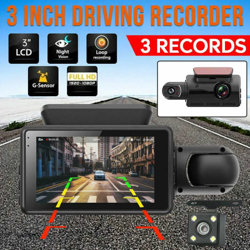 3 Channel Dash Cam Front And Rear Inside, 1080p Battery Dashcams For Cars With Parking Mode, Accident G-Sensor And IR Night Vision, Mini Dash Camera Recorder For Taxi Driver, 64GB SD