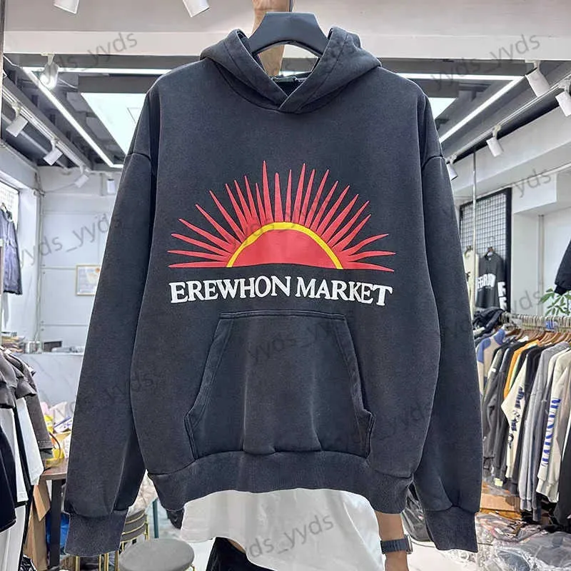 Herrhuvtröjor Ströjor Retro tvättade och slitna överdimensionerad hoodie med soluppgångsbrev tryckt och plysch svart utomhushoodie T231127