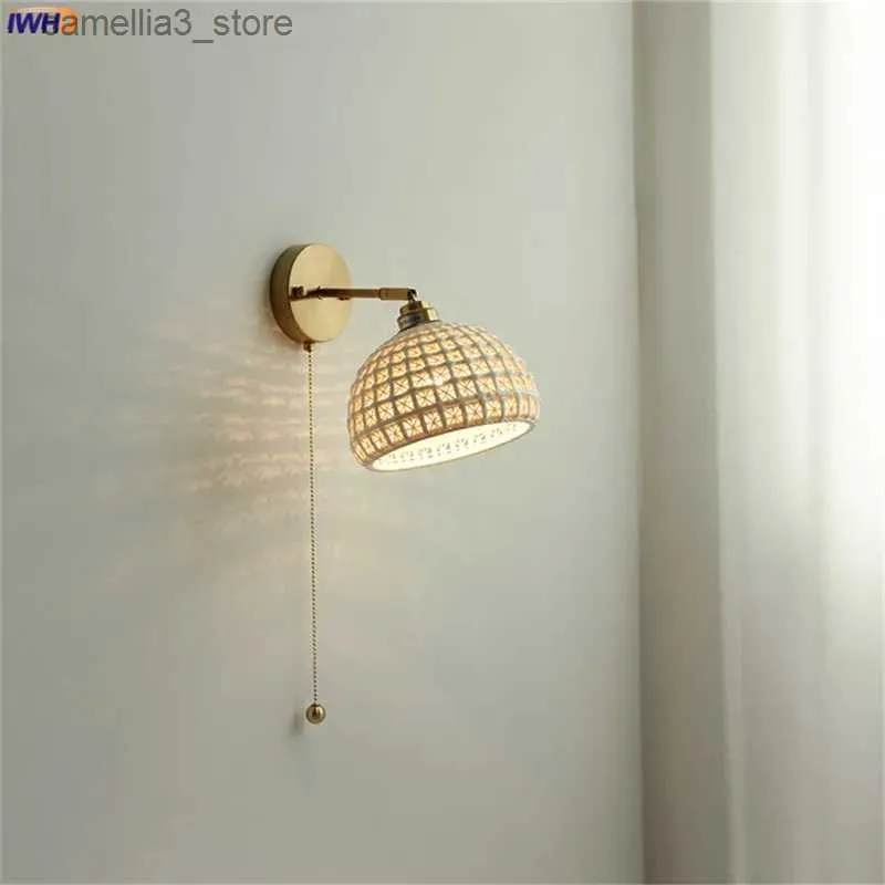 Wall Lamps IWHD Modern Copper LED Wall Light Pull Chain Switch Bathroom Mirror Stair Lights Nordic Ceramic Wall Lamp Sconce Luminaira Q231127